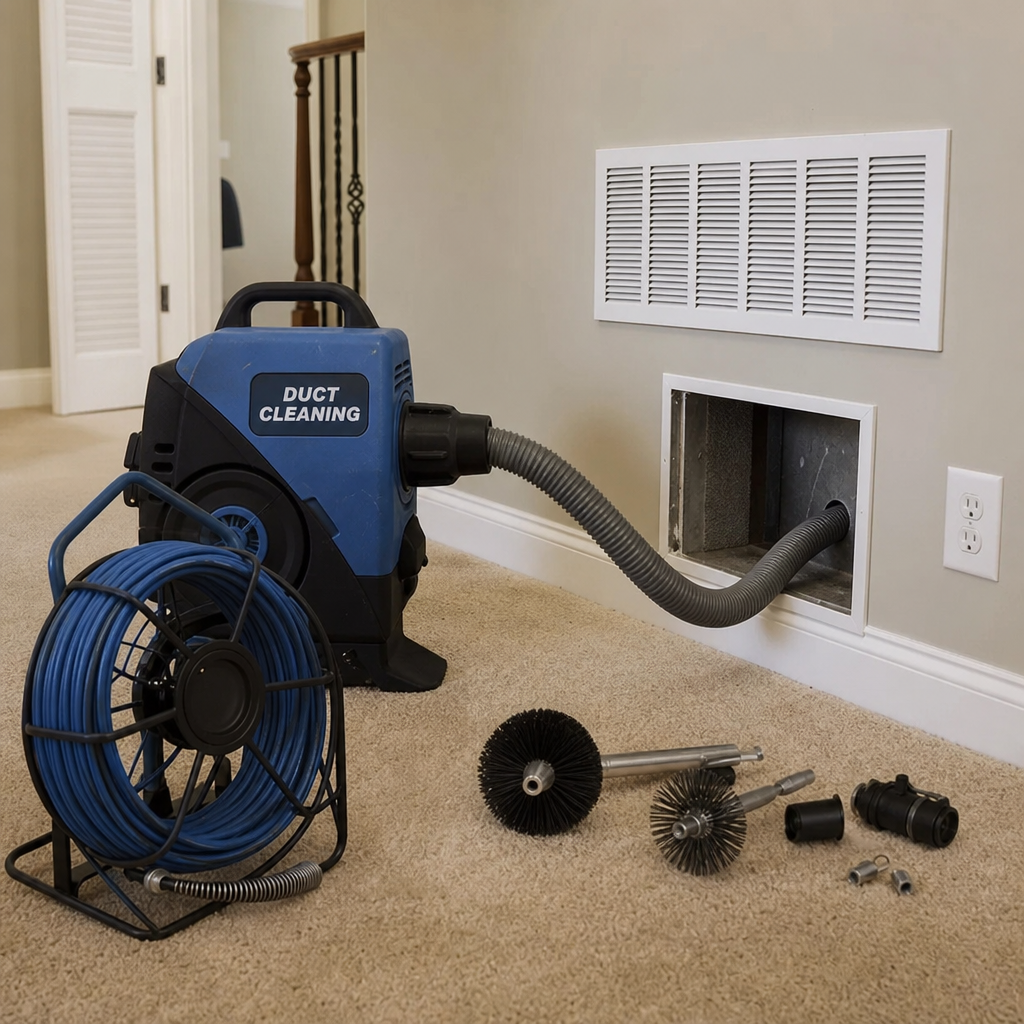 AI-generated generic illustrative image of residential duct-cleaning equipment near HVAC vents, not a real completed job, customer property, or staff