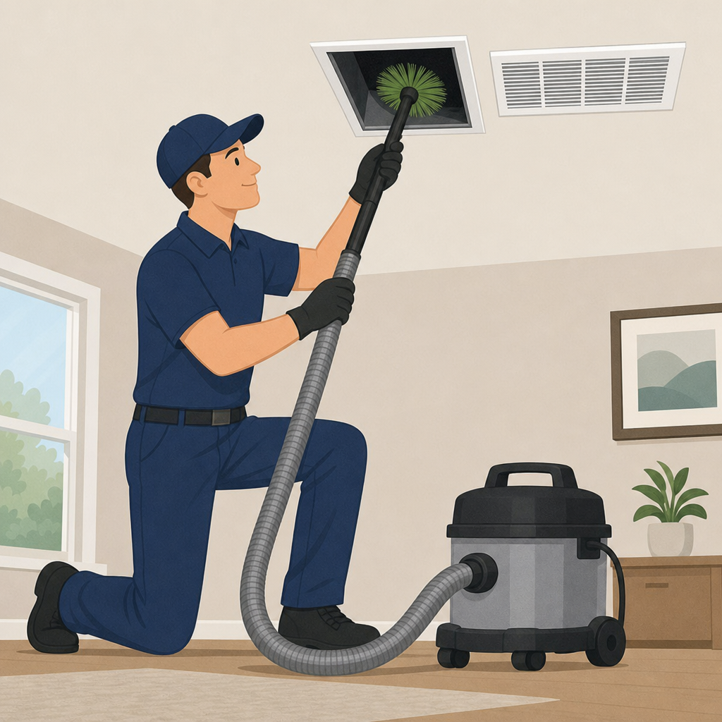 AI-generated generic illustration of a technician cleaning a home air duct, not depicting any real job, customer property, or staff