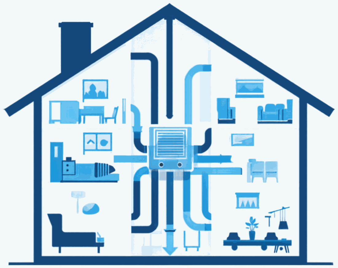 Cutaway illustration of a house showing an HVAC air handler and the branching supply and return duct runs reaching each room