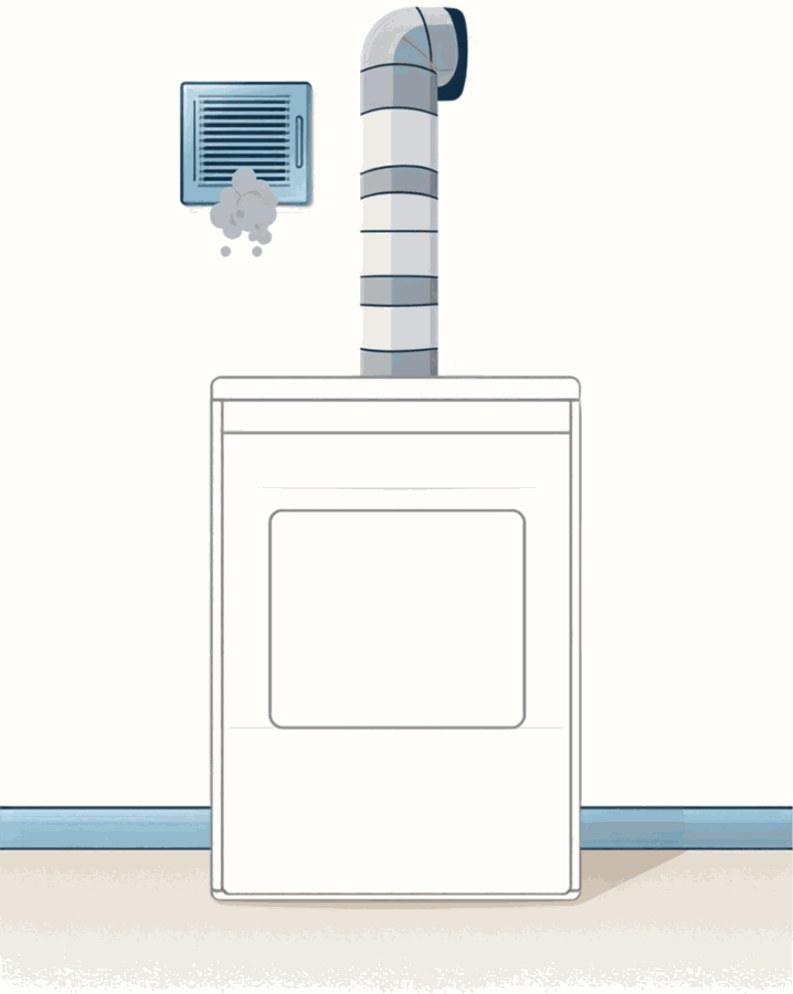 Illustration of a clothes dryer in a laundry room with a flexible vent duct rising from it, beside a louvred wall vent with lint at its opening